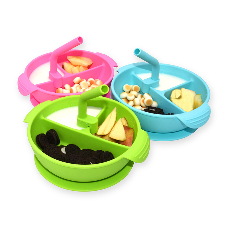Benhaida BPA Silicone GRATUITO Silicone diviso per bambini Aspirazione Toddler Training Fooding Silicone Baby Bowl con coperchio e paglia