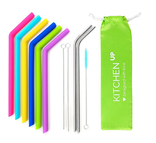 FDA Approved Silicone Straws Reusable Silicone Drinking Straws with 2 Brushes