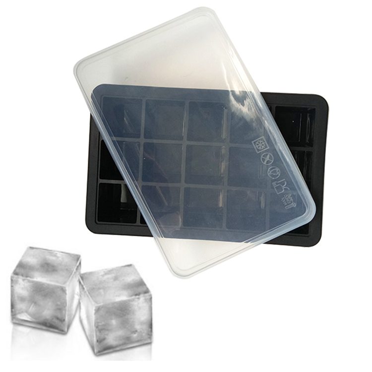 Ice Cube Tepsiler Silikon - Whiskey için 15 Buz Küpü yapmak için Büyük Buz Tepsisi Kalıpları - Kapaklı 2 Paket buz küpü tepsisi