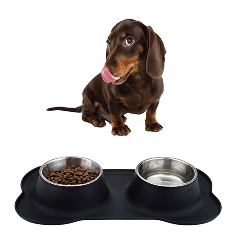 New Arrival Silicone Non-skid Supreme Dog bowl Set with Stainless Steel Bowls 35oz