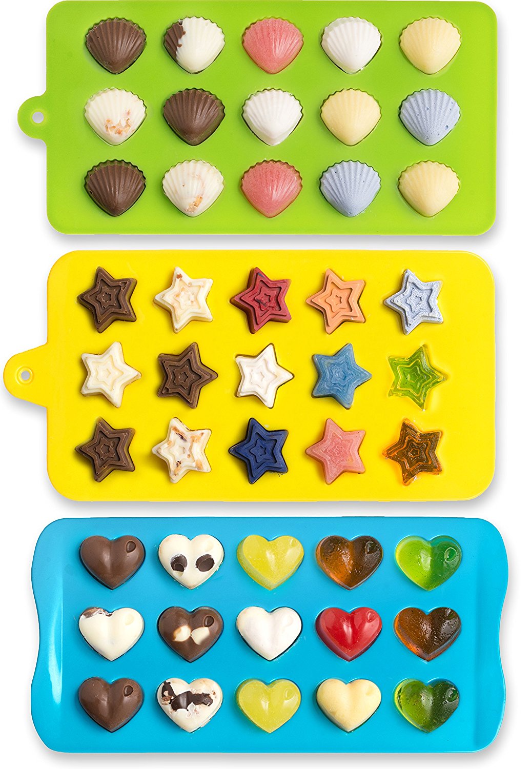 Non Stick BPA Free Flexible Hearts, Stars & Shells Shape Silicone Chocolate Mold, Candy Molds
