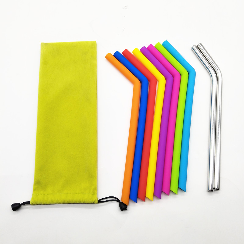 Reusable Silicone Drinking Straws Extra long Flexible Straws with Cleaning Brushes