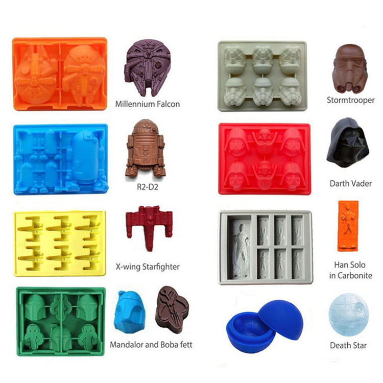Set of 8 Star Wars Silicone Chocolate Candy Mold Ice Cube Tray for Stormtrooper, Darth Vader, X-Wing Fighter, Millennium Falcon, R2-D2, Han Solo, Boba Fett and Death Star