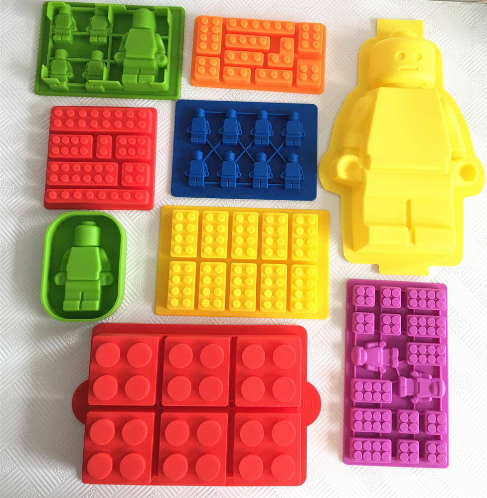 Conjunto de 9 Moldes de Lego de silicone, Minifigures e Tijolos de Construção de Silicone Ice Cube Tray Chocolate Candy Molds