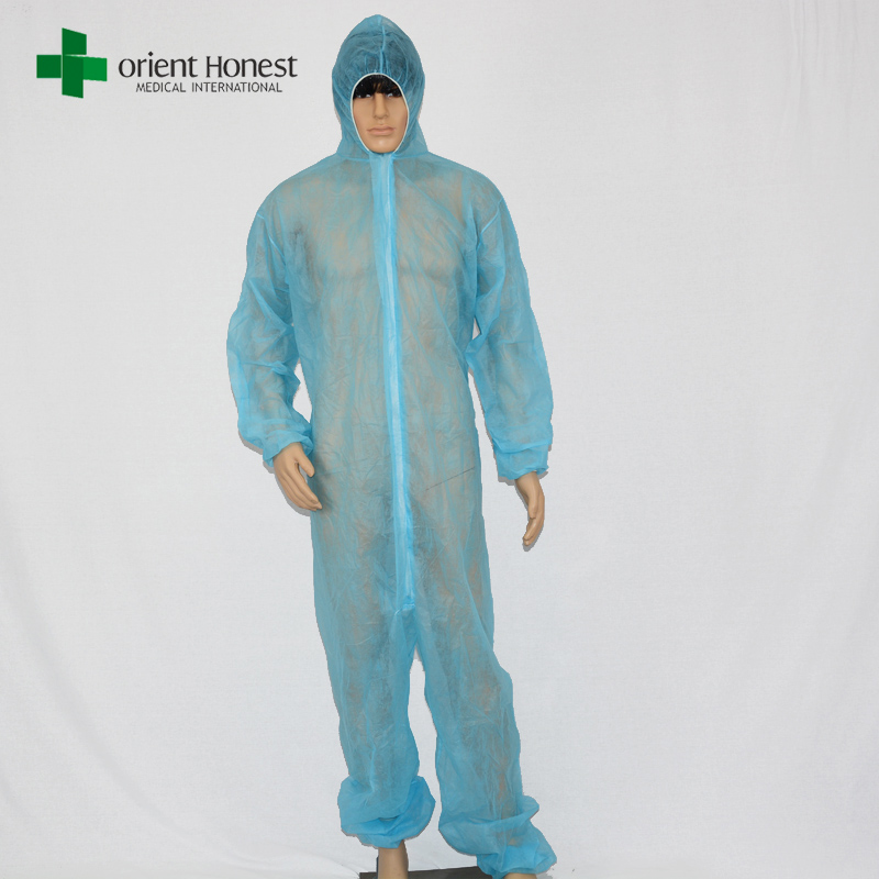 China factory blue disposable nonwoven coverall,PP hooded protective body suit supplier, factory uniform PP25g dust coveralls