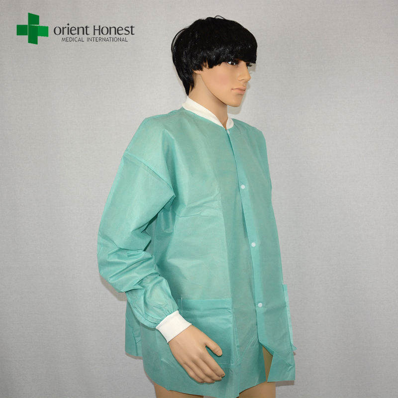 China factory for lab coat with knit cuffs，disposable green lab coat with pockets，nonwoven PP50g lab coats wholesale for adults