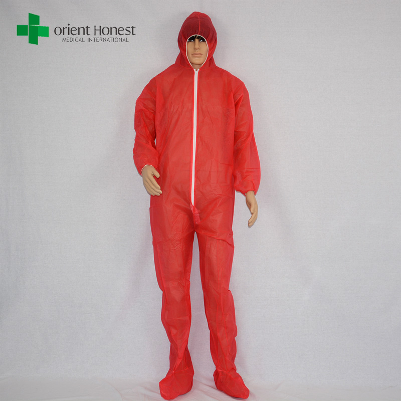 China plant dust disposable pp coverall，cheap red pp protective coverall，PP red color coverall with boots