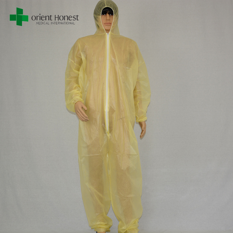 중국 공급 업체 노란색 저렴한 페인팅 바지, 일회용 PE 코팅 PP의 작업복, 노란색 플라스틱 방수 작업복