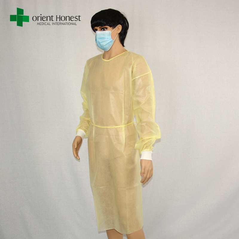 Chine pp jaune robes d'isolement médical, Chine fabricant disposale chirurgien robe, la Chine usine robe d'isolement non tissé