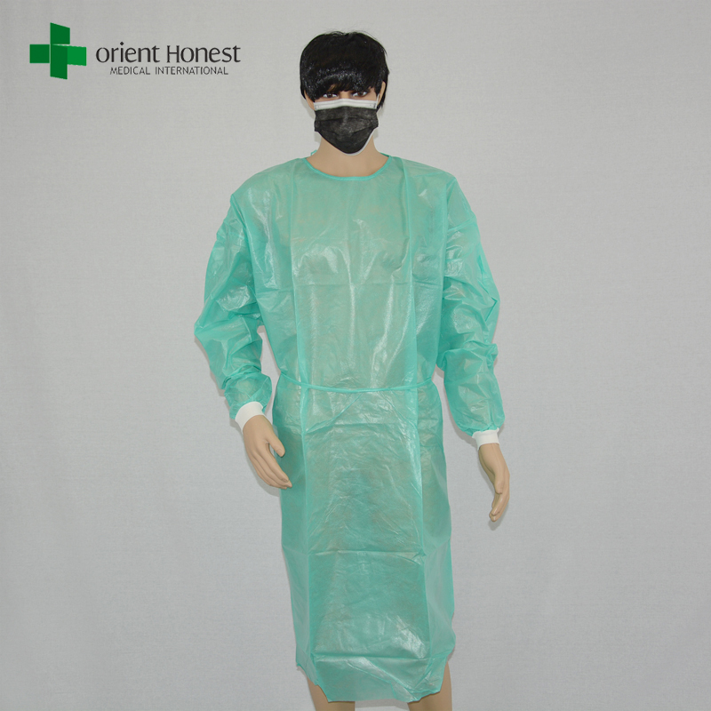fabricante chinês batas hospitalares verdes, PE revestidos PP batas de isolamento do hospital, hospital descartáveis ​​vestido longo