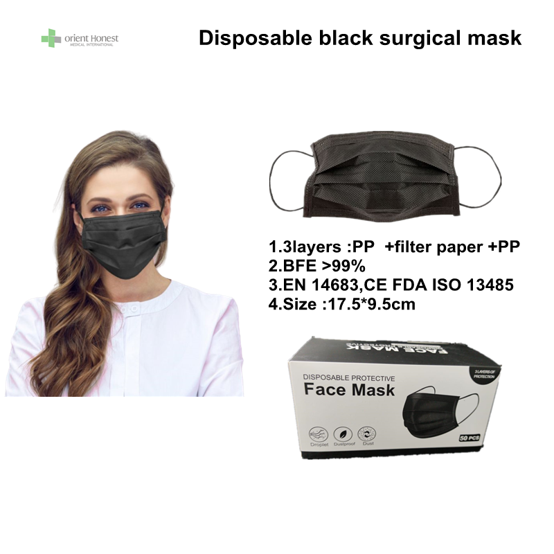 Masker medis hitam sekali pakai 3ply untuk produsen rumah sakit