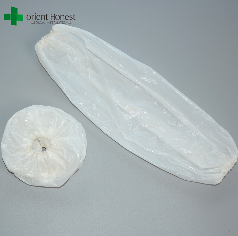 Lengan sekali pakai plastik, pelindung lengan tahan air untuk lengan dengan elastis pada manset - putih