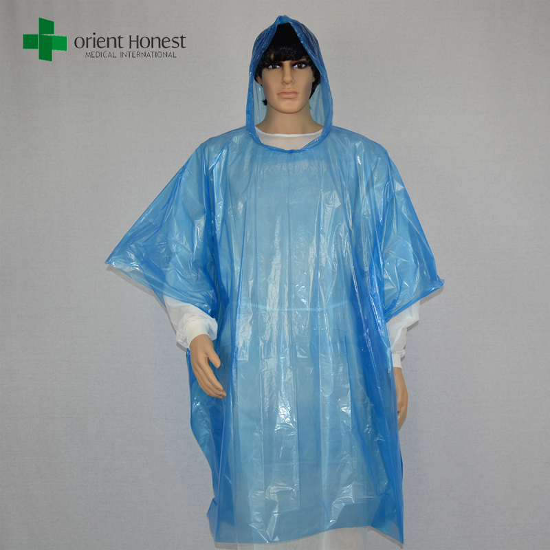 azul impermeable de plástico con capucha, una vez poncho de uso claro lluvia, colorido PE poncho de lluvia ligera