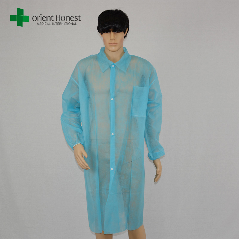 cheap elastic cuffs lab coat manufacturer,disposable PP30g blue lab coat,China plant for single collar lab coats