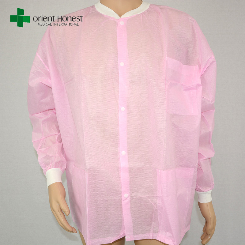 cheap pink knit collar lab coat ,spp visitor coat for food factory,nonwoven lab coats in China