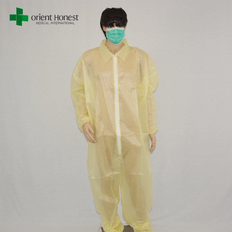 chinese disposable waterproof coveralls,single collar disposable plastic overall,yellow cheap diposable overalls wholesale
