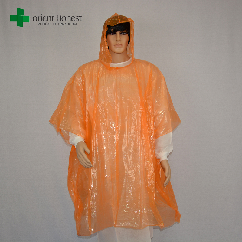 disposable PE plastic rain ponchos, China disposable poncho manufacturer, orange clear rain poncho