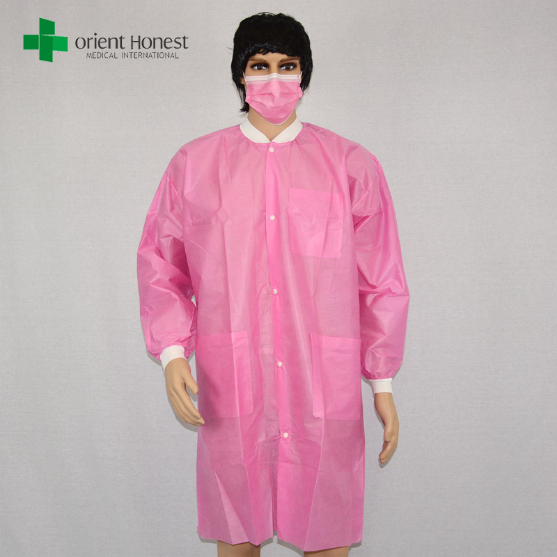 lab mantel sekali pakai dengan kantong, Cina jas lab tanaman untuk dijual, jas lab merah muda partai