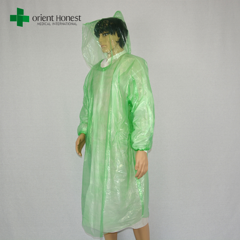 袖付き防水レインポンチョ、卸売色付きの使い捨てレインコート、緑の透明レインポンチョ
