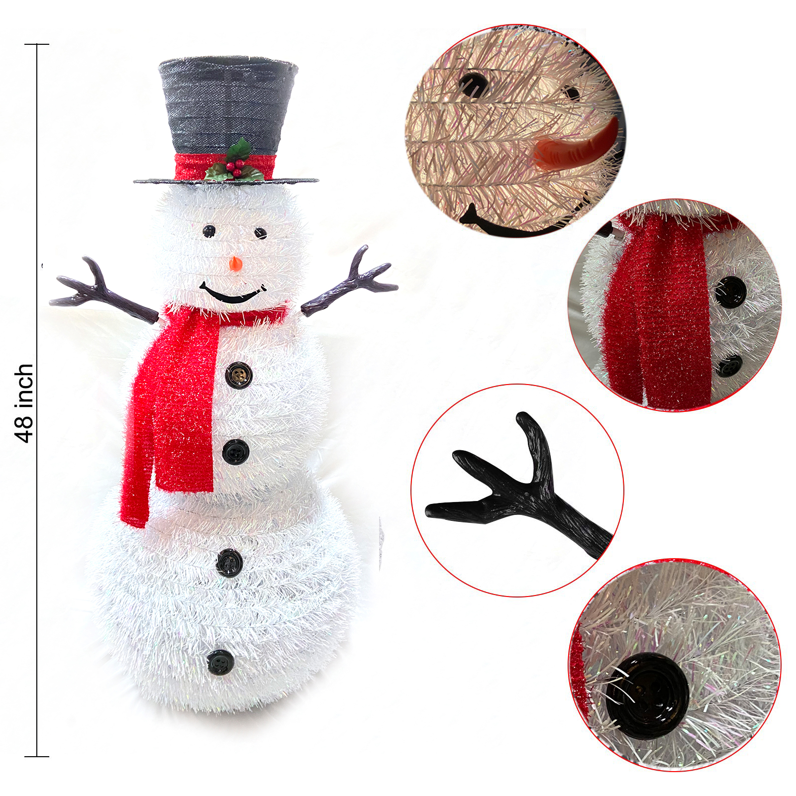 48 inches Pop up snowman Pre-Lit White PVC Collapsible Christmas Snowman with Top Hat and 8 Built-in C7 Bulbs