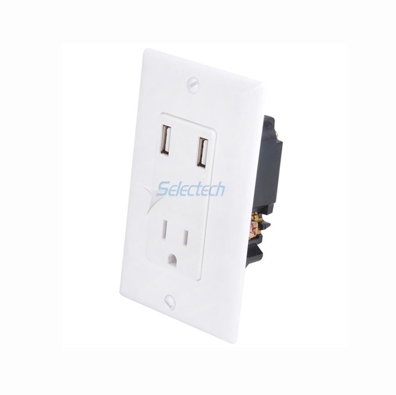 USB-32 DUAL USB wall socket chargers with single 15A duplex outlets wall plate - White