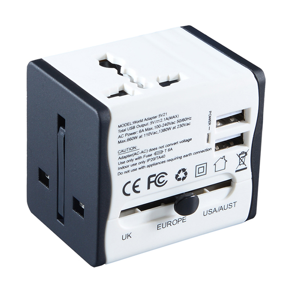 Russia hot sale black white adapters world electrical plugs travel adapter with 2 USB chargers