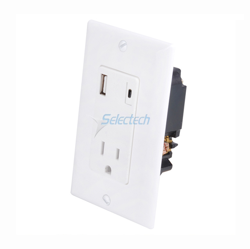 USB-32 Wall Plate USB Charger Type-A and Type-C Receptacle with TR 15A outlet,China smart USB Wall Charger supplier
