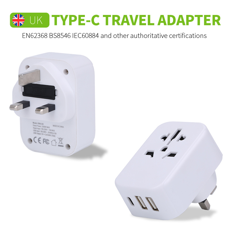 Universal British plug travel adapter 3.0A type C BS8546 UK travel adapter with dual 2.4A USB charger
