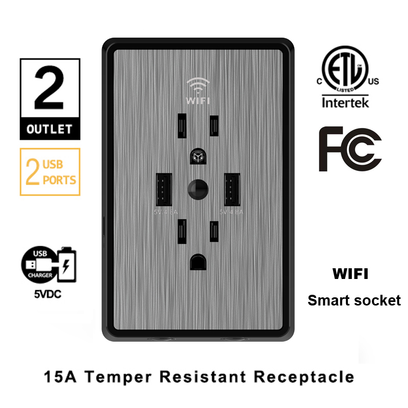 WiFi Smart Outlet Wall Plug в розетке с напряжением 15 А с двумя USB-портами 4.8A и ночными огнями, совместимыми с Alexa Echo и Google Home