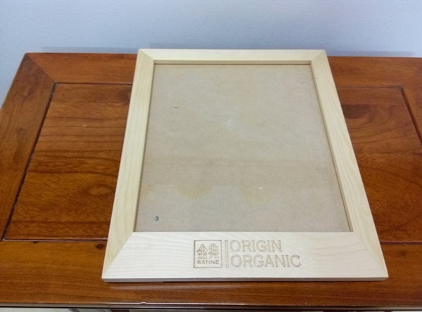pine wood clear top photo frame with burned logo