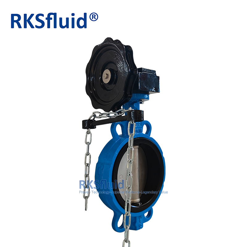 RKSfluid 연성 아이언 웨이퍼 러그 나비 밸브 DN150 체인 휠 버터 플라이 밸브 PN16 사용자 정의 가능