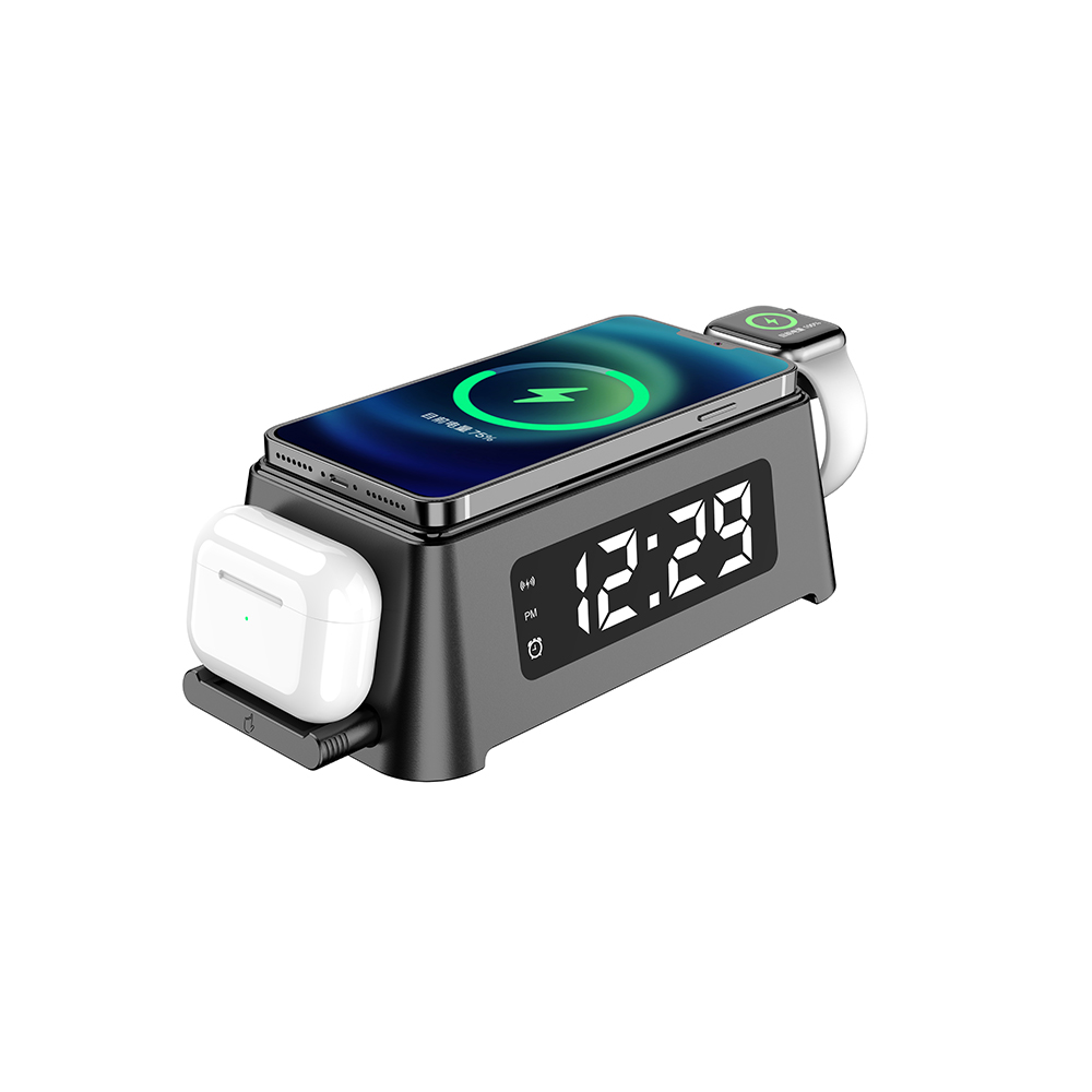 4 arada 1 hızlı kablosuz şarj çalar saat istasyonu LED dijital saat ve telefon için termometre ekran Iwatch AirPods şarjı (MH-D62)