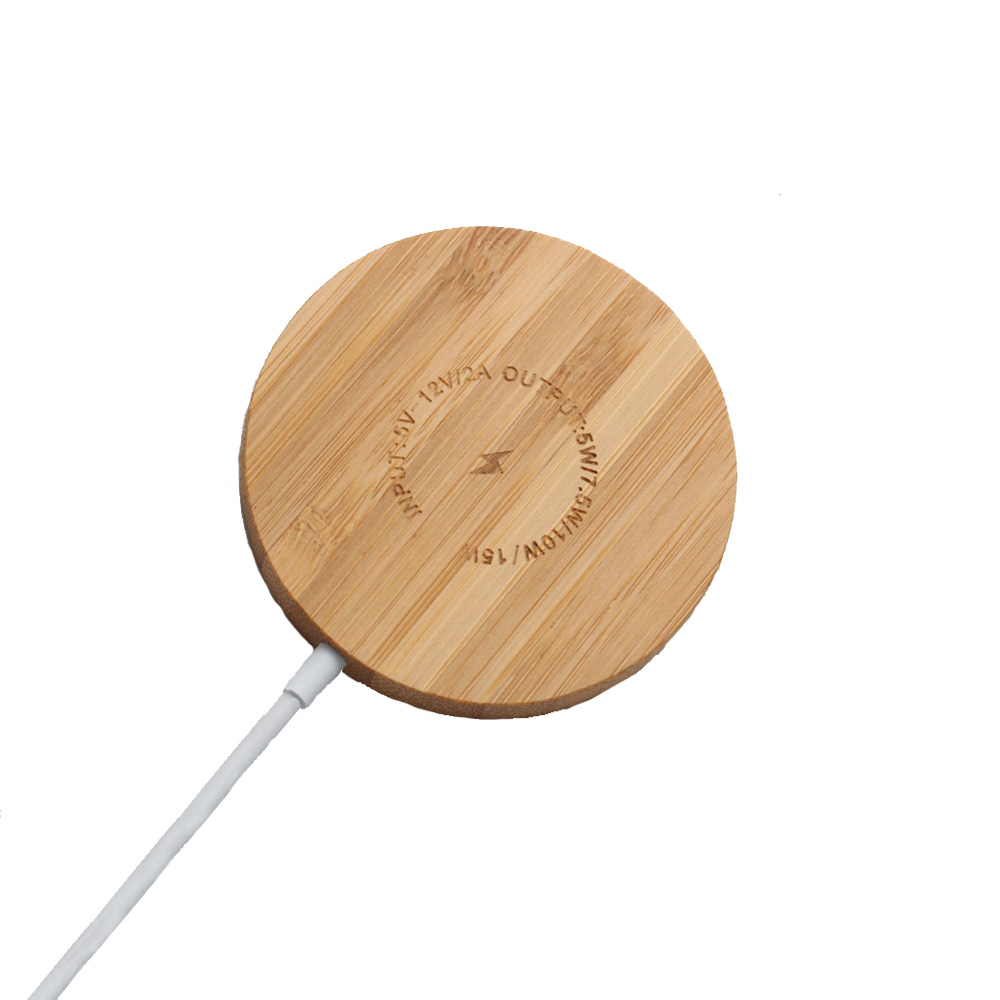 Material de bambú de mini tamaño Magsafe Magsafe 15W Cargador inalámbrico rápido con color de madera personalizable y cable de entrada incorporado (MH-D50)