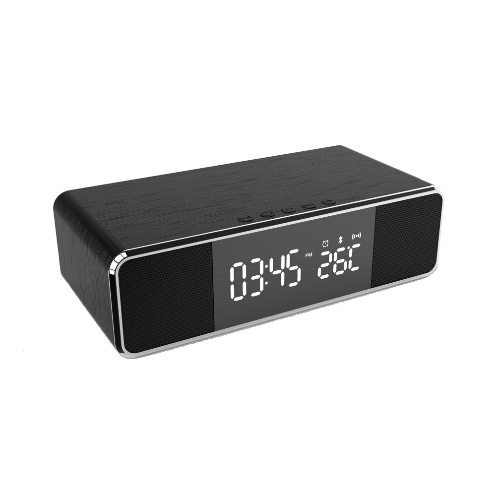Relógio carregador multifuncional sem fio com rádio FM e alto-falante Bluetooth de mesa com visor de termômetro e função de despertador (MH-D69)