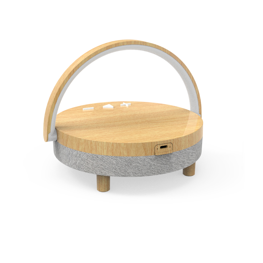 Lâmpada de mesa portátil de cabeceira com suporte sem fio e alto-falante sem fio de madeira personalizável com tecido (MH-Q960B)
