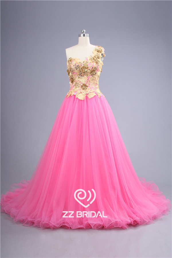 2016 последнее желтый гипюр кружева аппликация на одно плечо розовое свадебное платье Китай