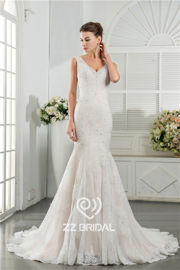 Actual images V -Neck see through back lace appliqued bridal wedding dress manufacturer