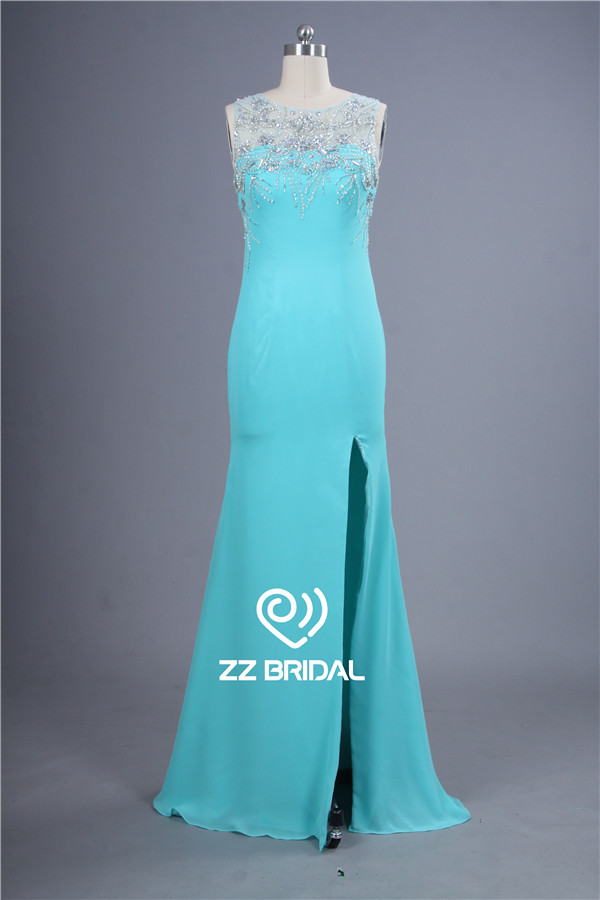 Actual images beaded side split scoop neckline sheath long evening gown China
