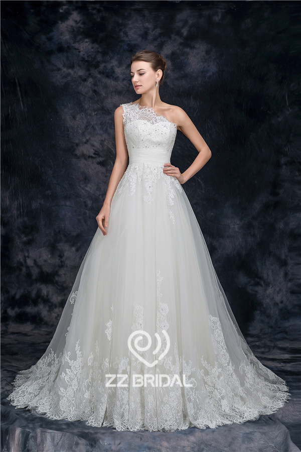 Actual images elegant one shoulder lace wedding dress manufacturer