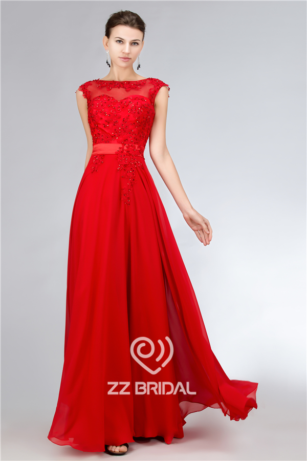 Ярко-красный шифон бисером Scoop декольте крышка рукавом V-обратно длинное вечернее платье с поставщиком