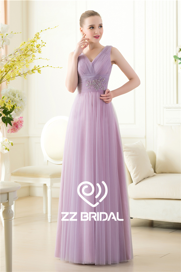 Китай новое прибытие V-образным вырезом и V-обратно взъерошенные бисером легким фиолетовым вечернее платье длинное