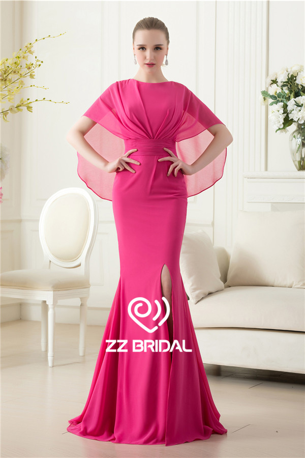 China supplier side split chiffon mermaid long rose red evening dress with shawl