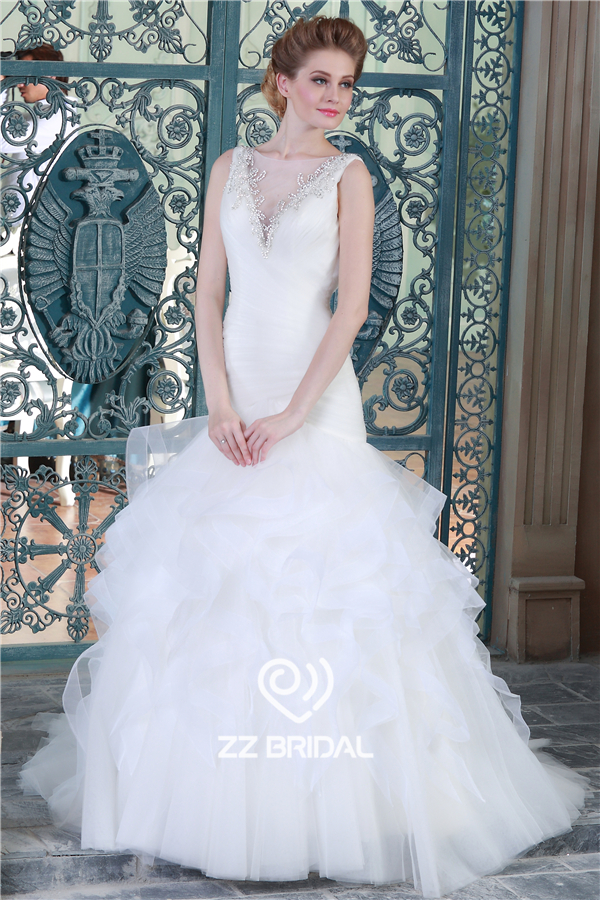 Китай Сучжоу фактические изображения V-обратно бисером трепал органзы русалка стиль свадебного платья с поставщиком
