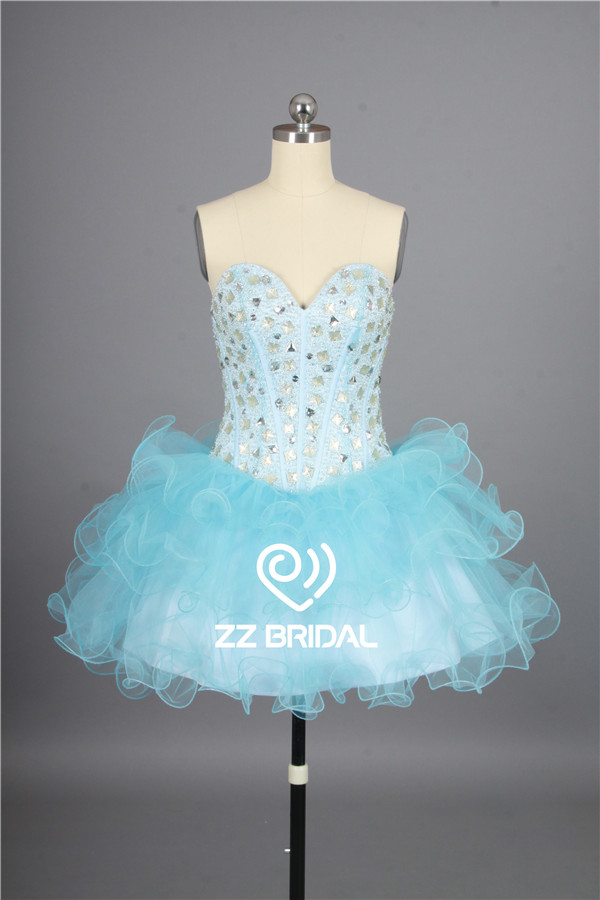 Bonitos diamantes querida decote luz azul mini-saia curta vestido de noite