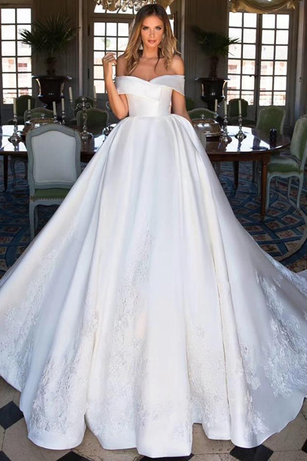 Luxo elegante Long Train Fora Do Ombro Frisada Lace Real Imagem Vestidos de Casamento Italiano Cetim Vestidos de Noiva 2019