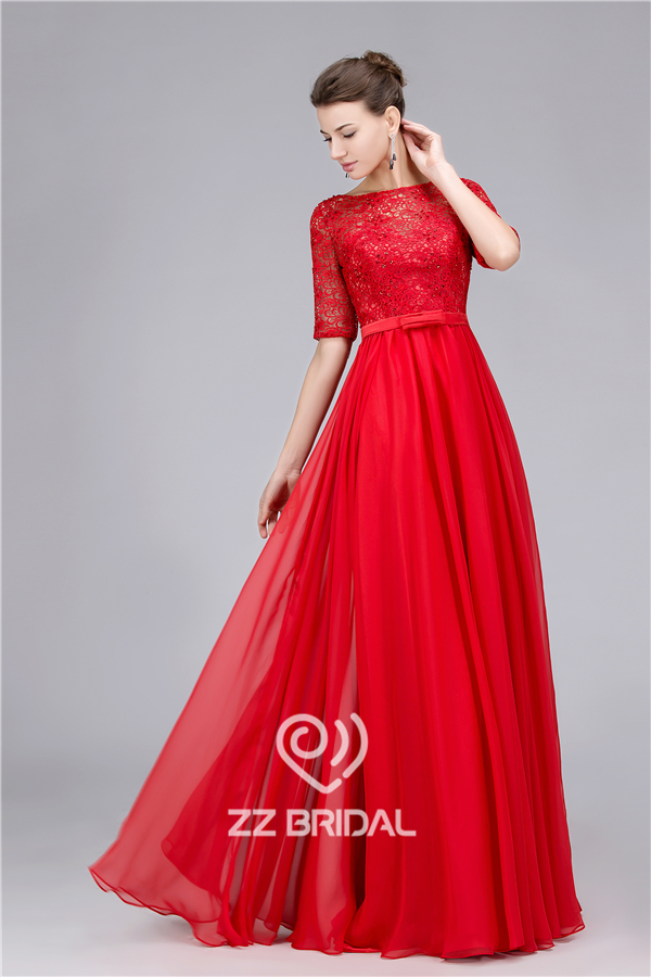 Frisado elegante guipure rendas meia manga vestido longo de noite vermelho fabricados na China