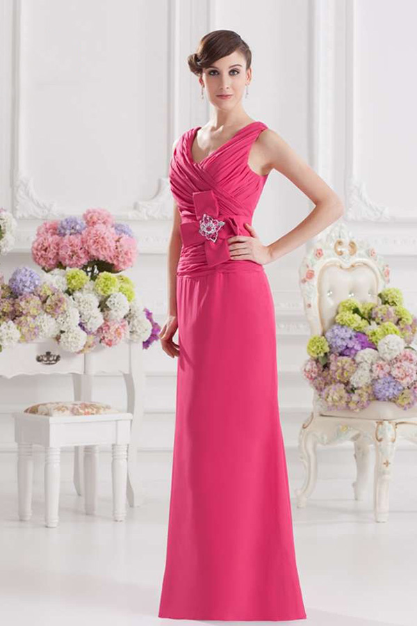 Elegante vestido largo de gasa rosa con cuentas vestido de damas de honor elegante