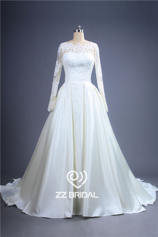 Elegante raso pizzo manica lunga illusione appliqued produttore abito da sposa A-Line