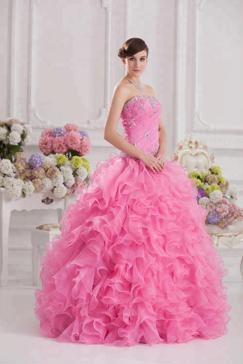 Vestido de baile quinceanera pesado beading rosa vestido de baile