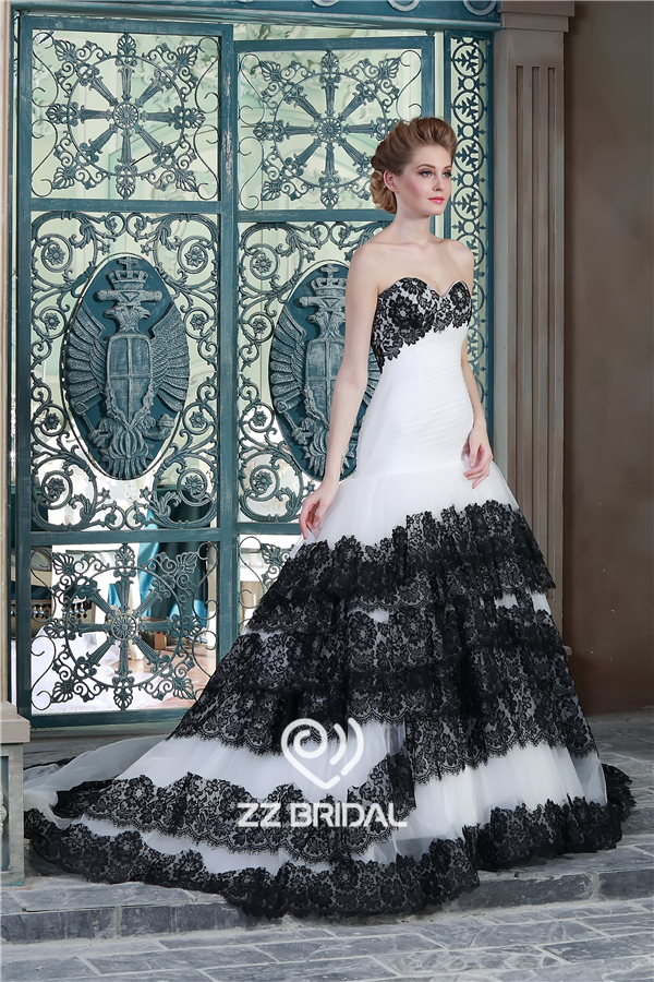 Высокая заказ черные кружева аппликация слоистых Милая декольте Русалка свадебное трепал платье производитель